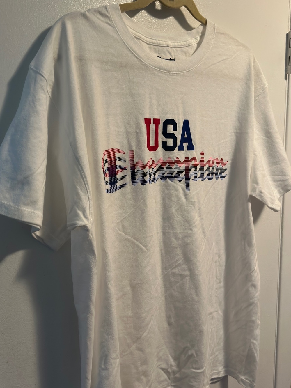 Champion White Tee with Red & Navy Logo - Picture 1 of 4